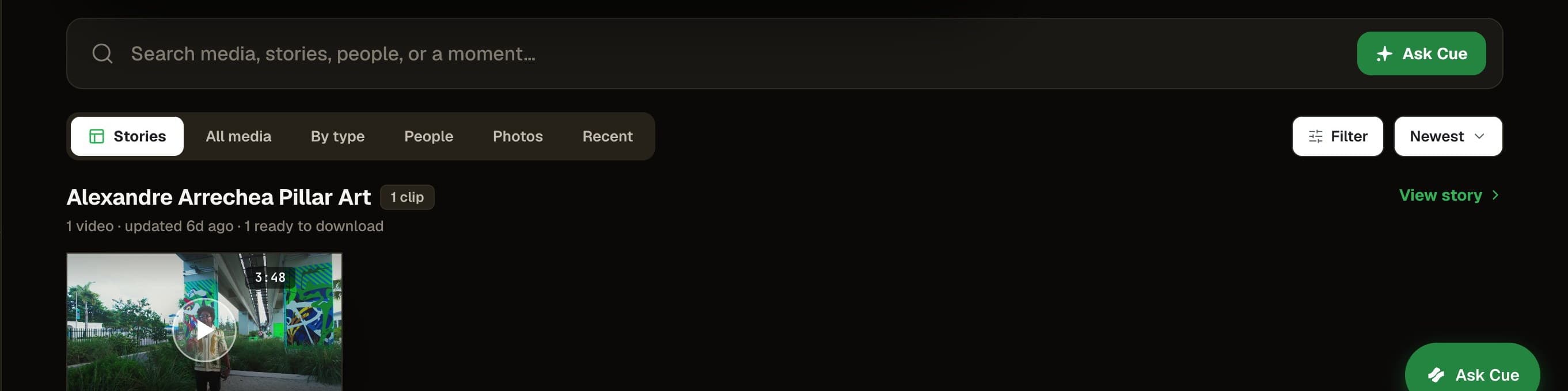 The StoryOS library search bar with filters for media, stories, and people