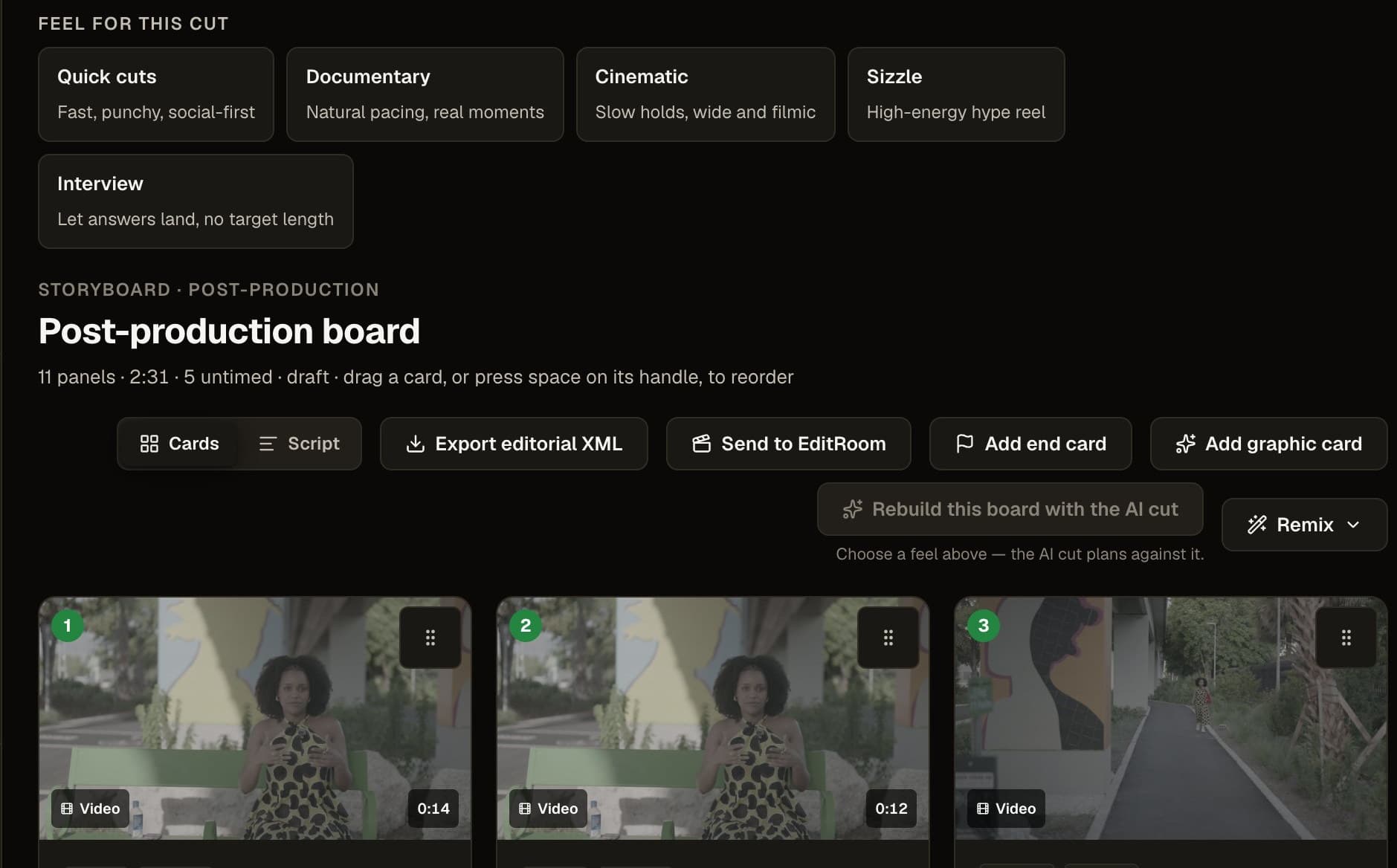 The StoryOS post-production board with feel presets and timed panels