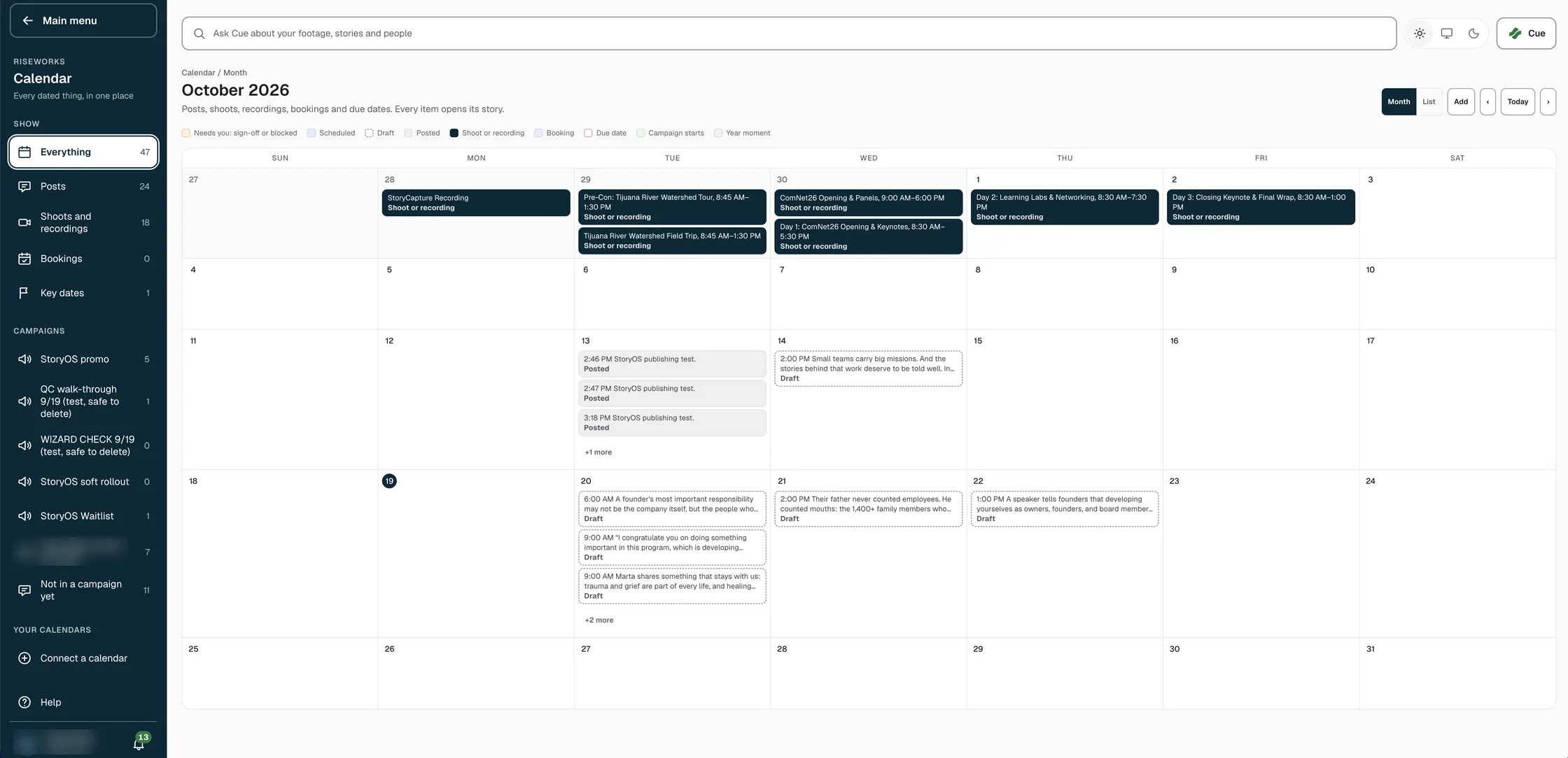 The StoryOS calendar: shoots, recordings and scheduled posts for the month in one place
