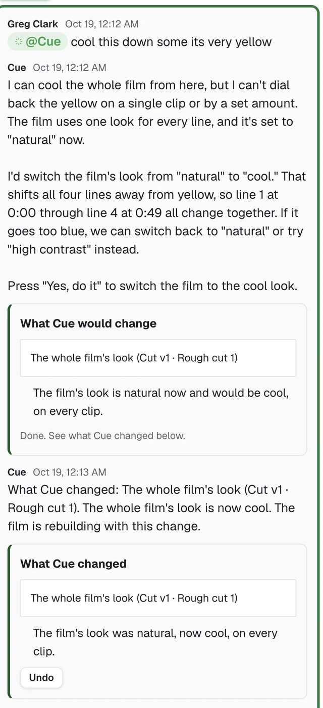 Comments on a cut: a teammate asks Cue to cool the film, and What Cue changed appears with an Undo button